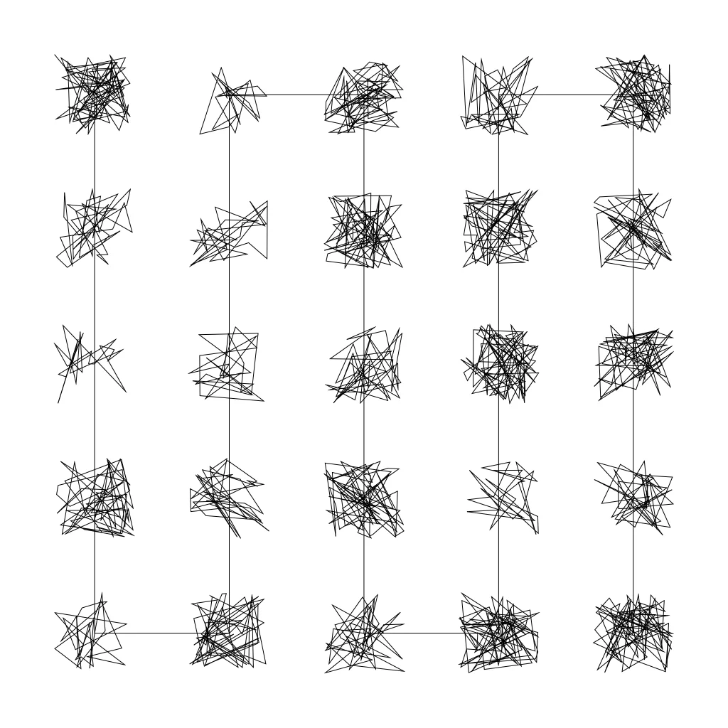 Grid of chaotic line drawings representing error patterns in AEC technology