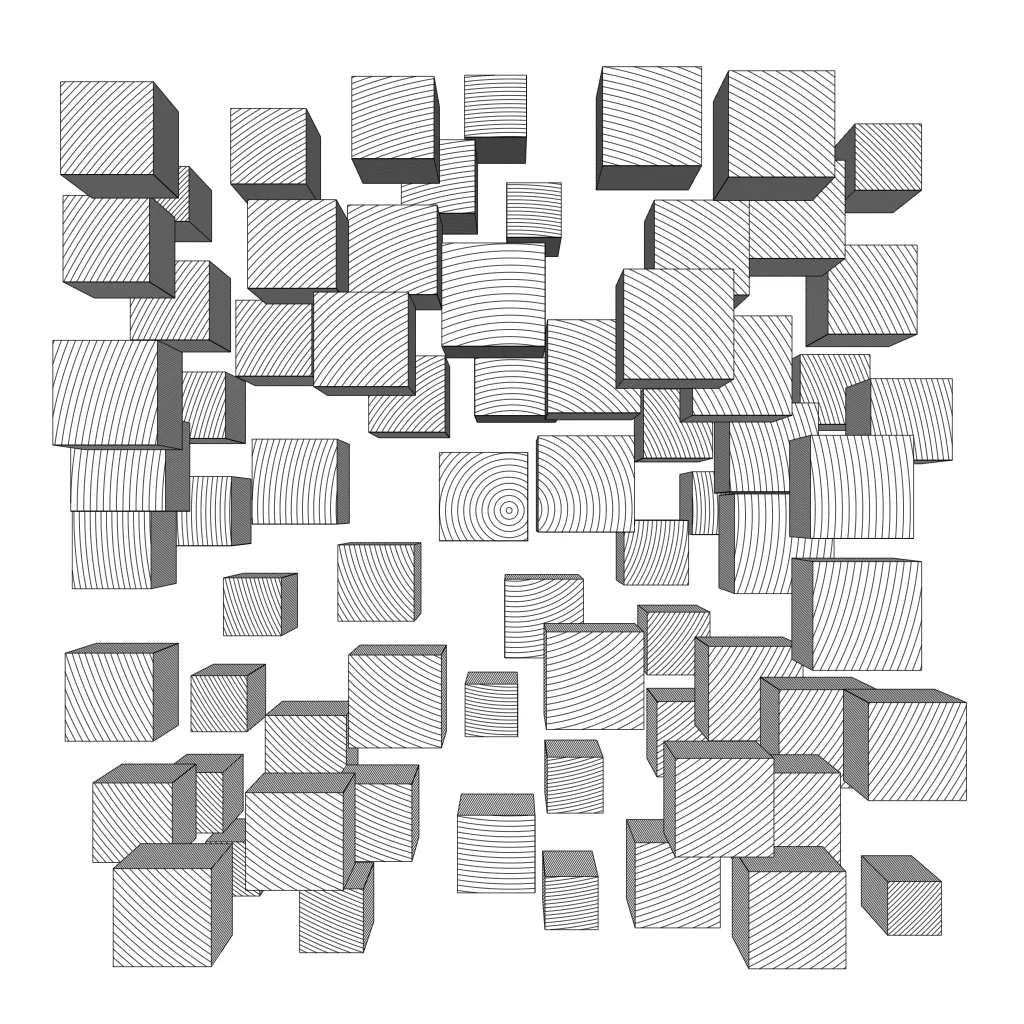 Scattered wood-grain cubes drifting in space