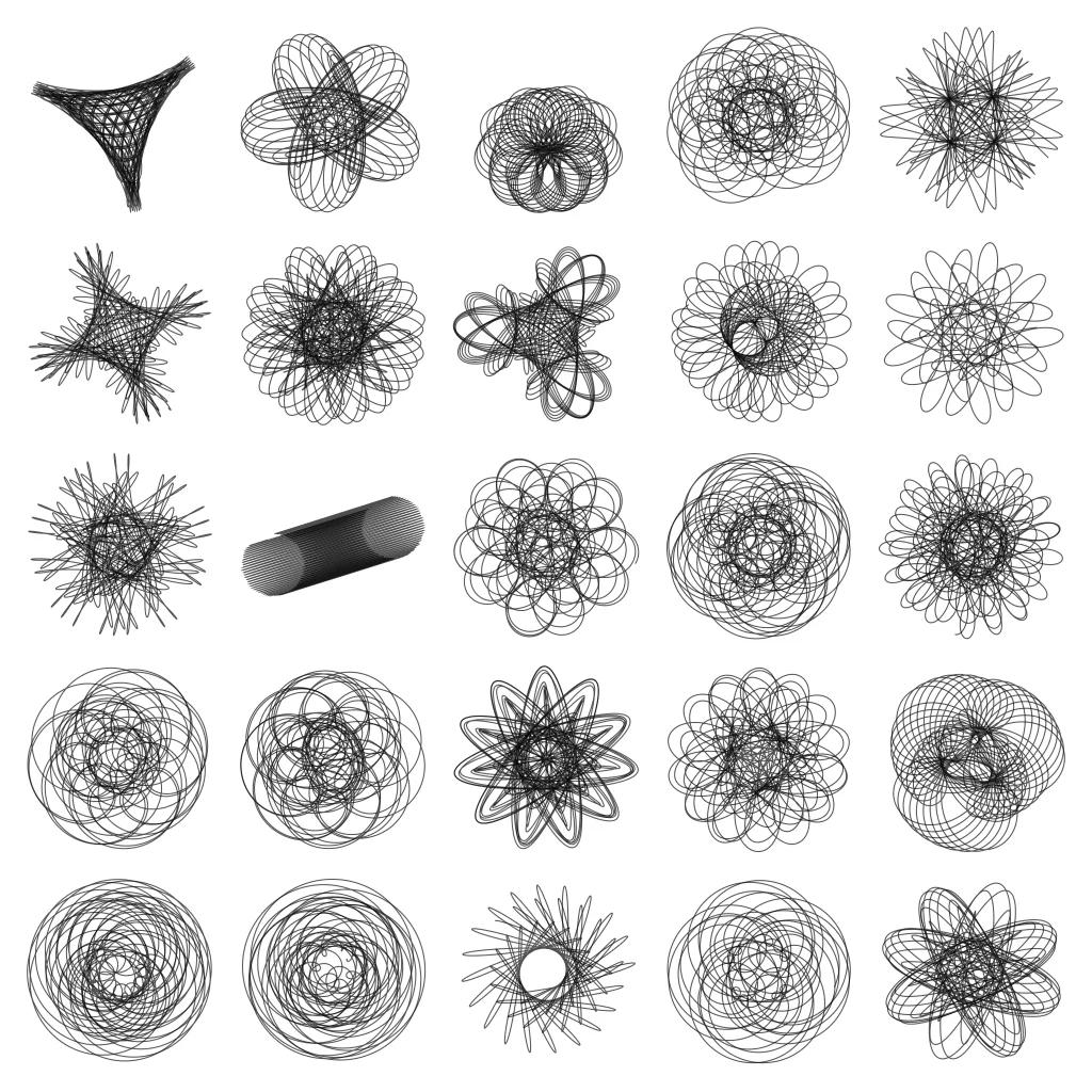 Grid of spirograph-like patterns representing minimalist project management cycles