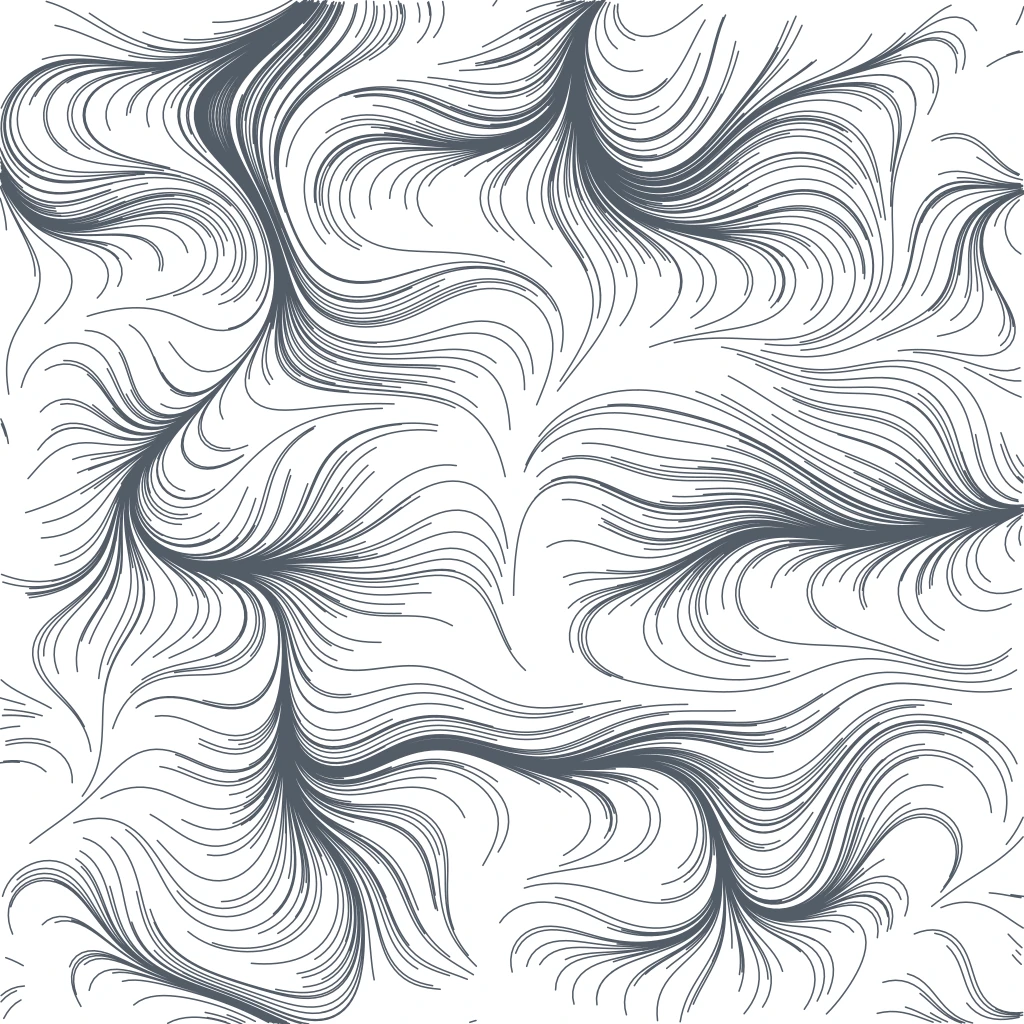 Generative line-art thumbnail: flowing streamlines that diverge into separate currents around several saddle points, evoking two groups pulling apart