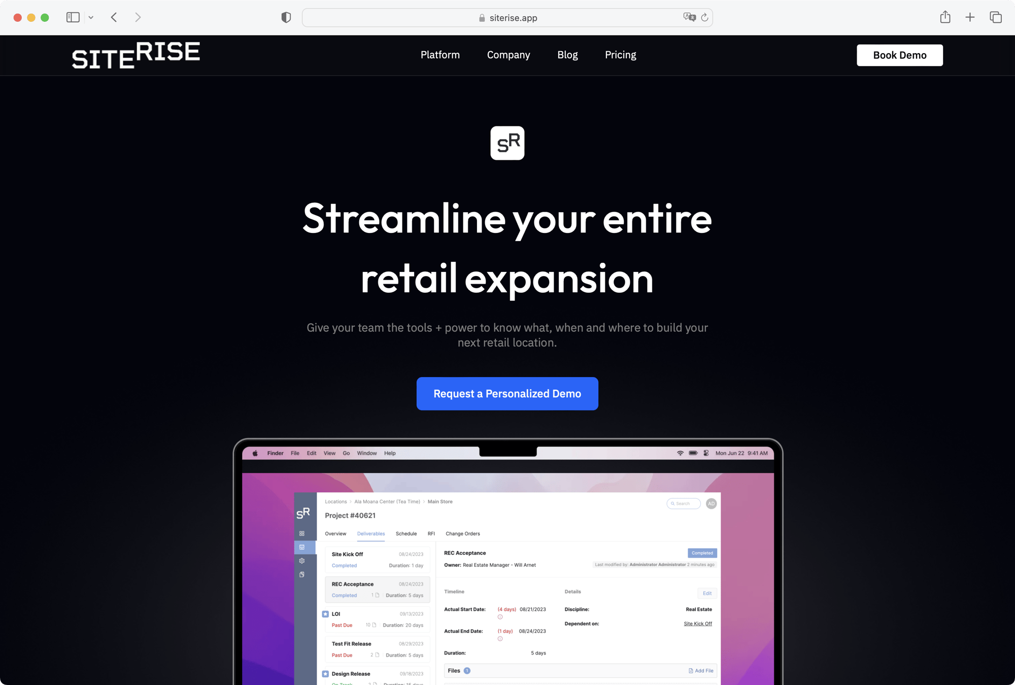 Siterise.app website featuring their platform