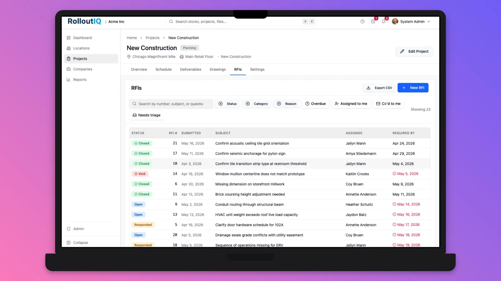 RolloutIQ RFIs dashboard for a New Construction project, listing requests for information with status, assignee, and required-by dates, built by Lagarsoft